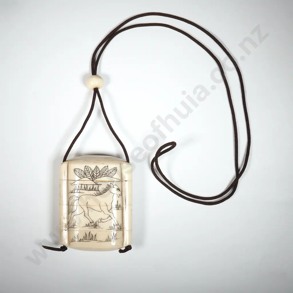 Ivory Inro Decorated With A Horse & Deer Image 1++