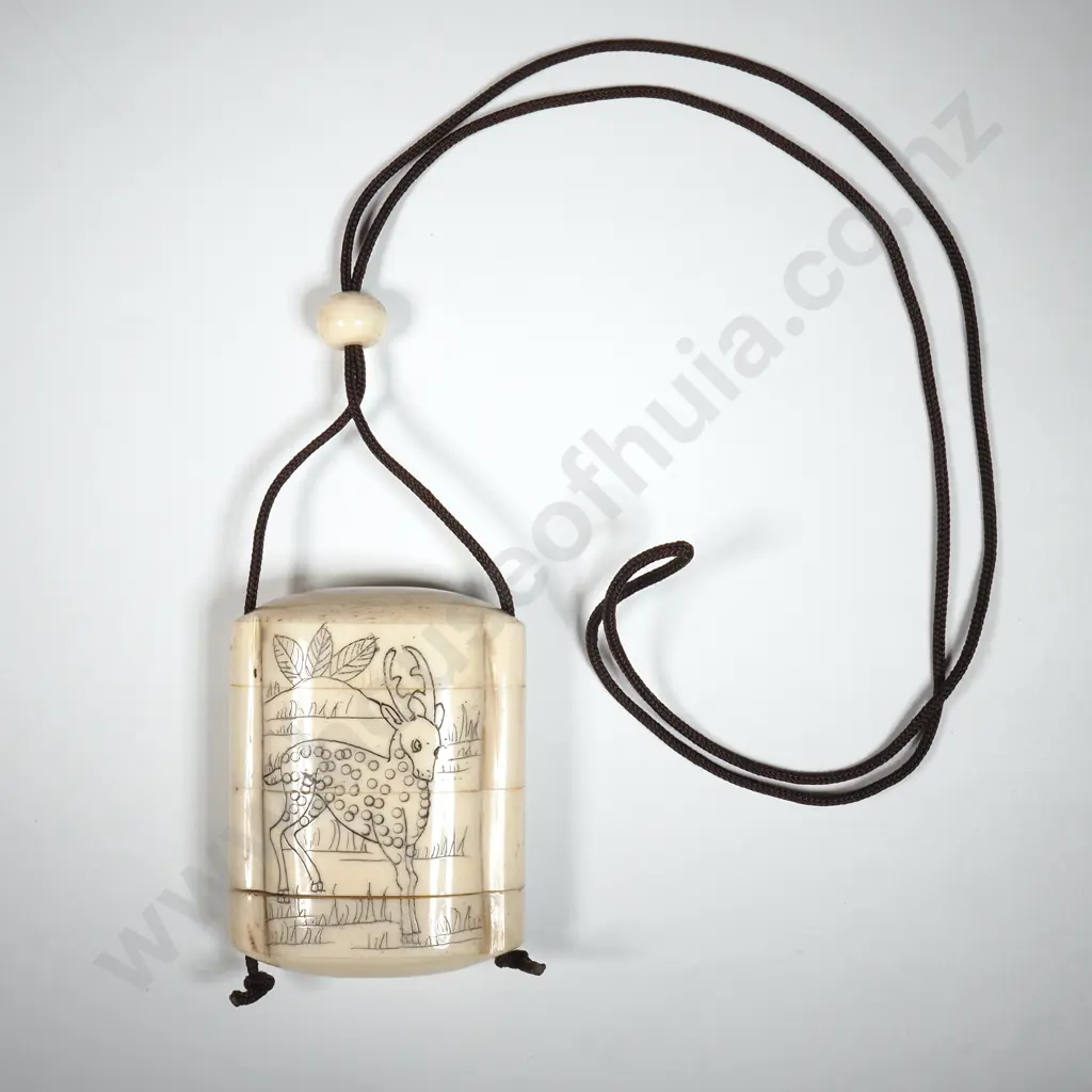 Ivory Inro Decorated With A Horse & Deer Image 1++