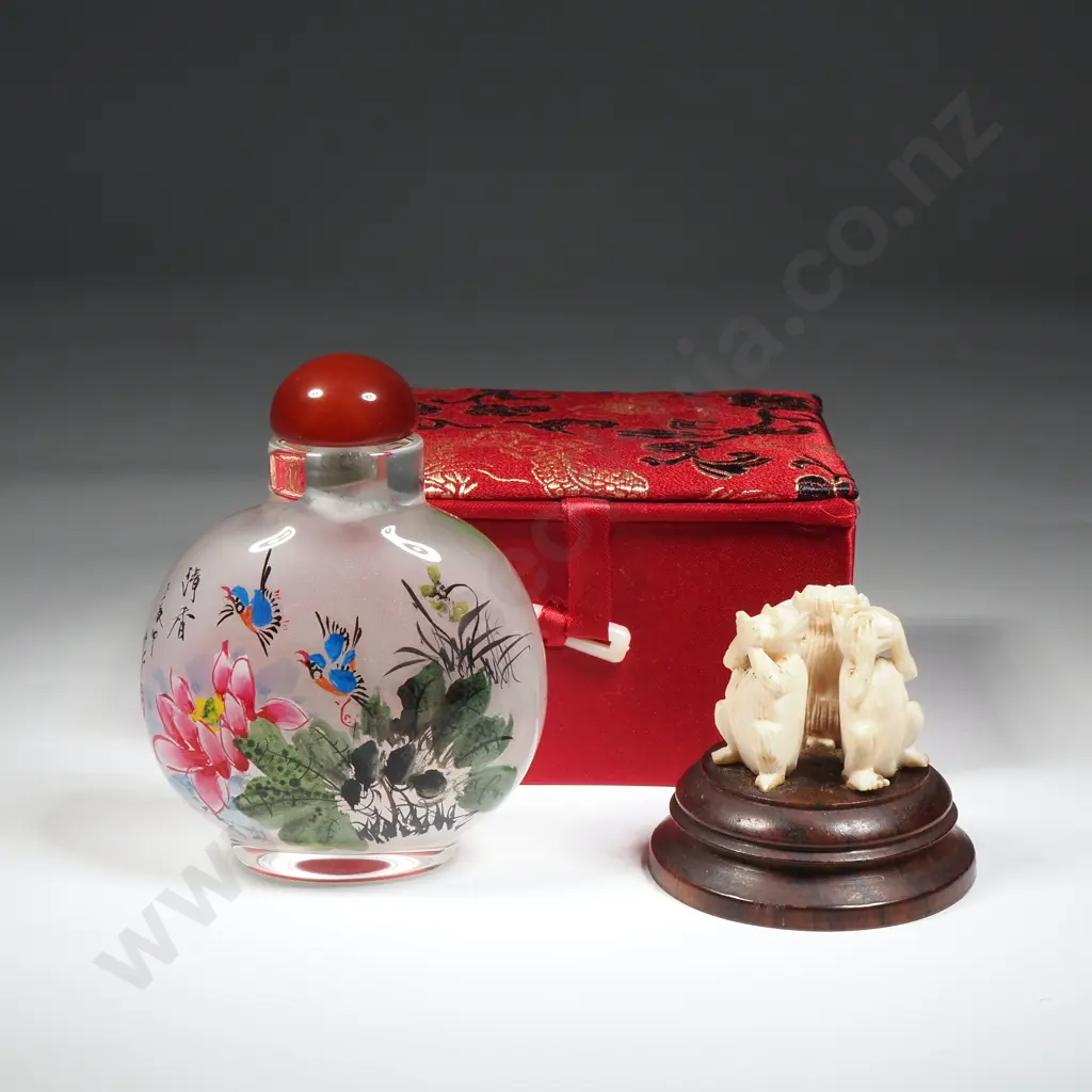 Vintage Ivory Three Monkey Figure & A Reverse Painted Glass Snuff Bottle. Image 1++