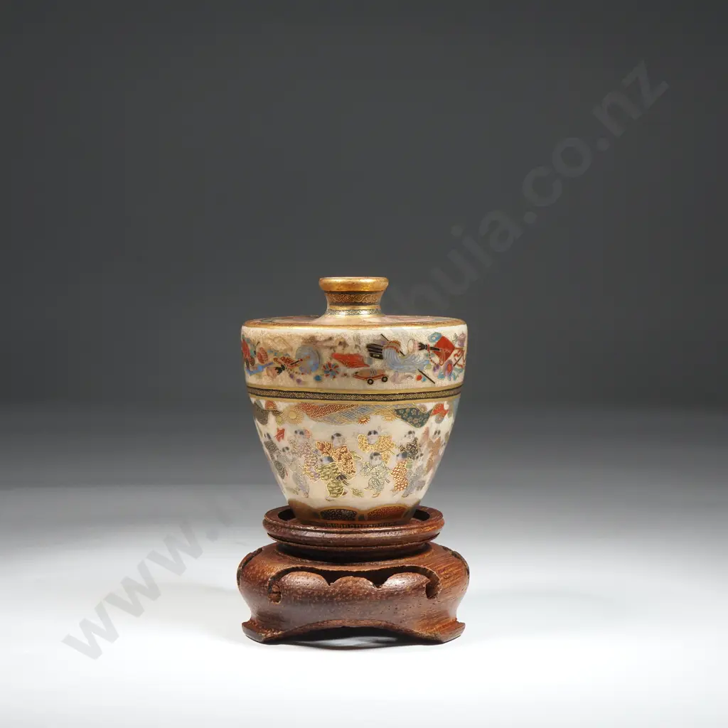 Miniature Hand Painted Satsuma Vase On Wooden Stand. Signed To Base. A/F Image 1++