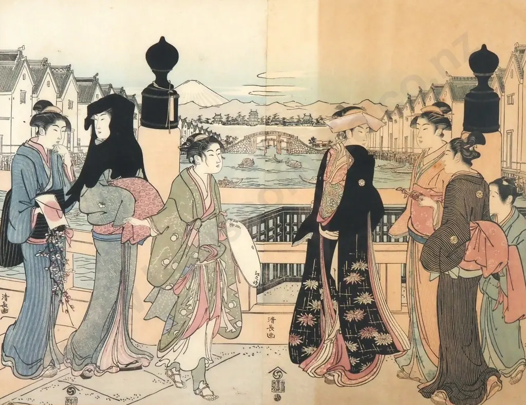 Torri Kiyonaga, Women at Nihonbashi Bridge. Diptych, Antique Woodblock Print. 1752-1815 Image 1++