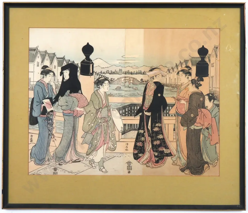 Torri Kiyonaga, Women at Nihonbashi Bridge. Diptych, Antique Woodblock Print. 1752-1815 Image 1++