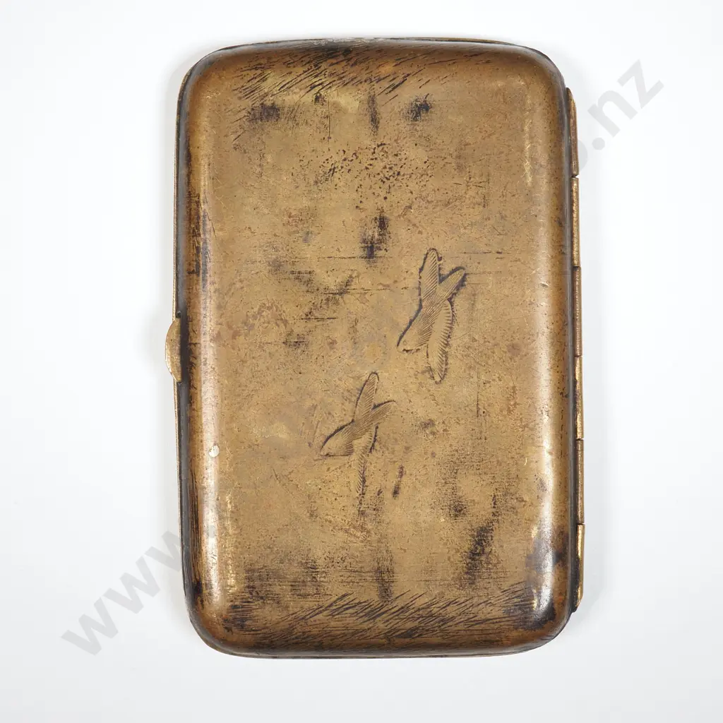 Japanese Brass Cigarette Holder Featuring Etchings Of A Traditional Japanese Landscape with Mt Fuji & Pagodas Image 1++