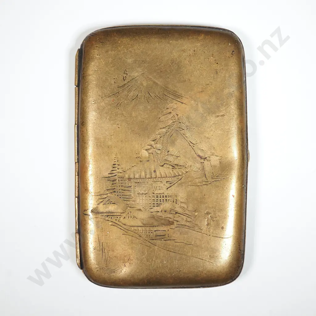 Japanese Brass Cigarette Holder Featuring Etchings Of A Traditional Japanese Landscape with Mt Fuji & Pagodas Image 1++