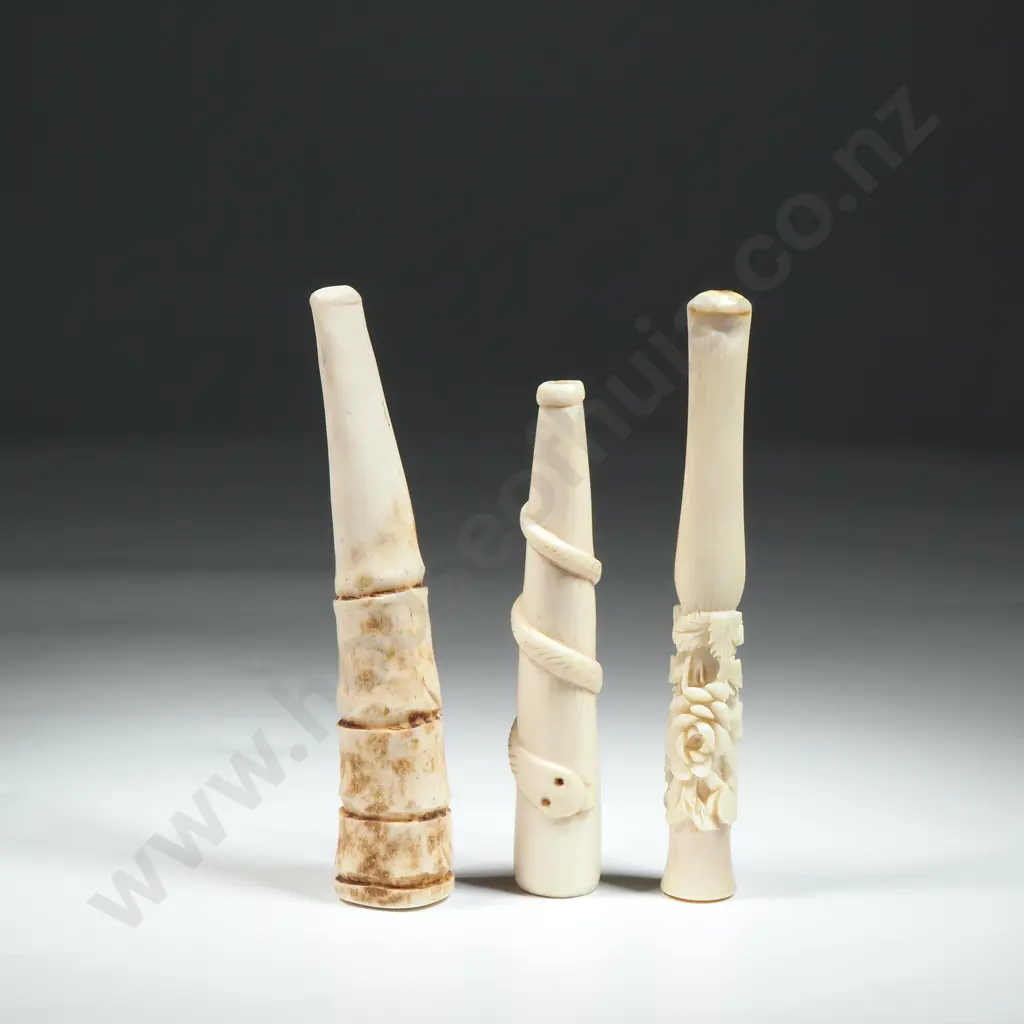 Three bone Cigarette Holders , One with An Intwined Snake & Another with Intricate Floral Carving.  Image 1++