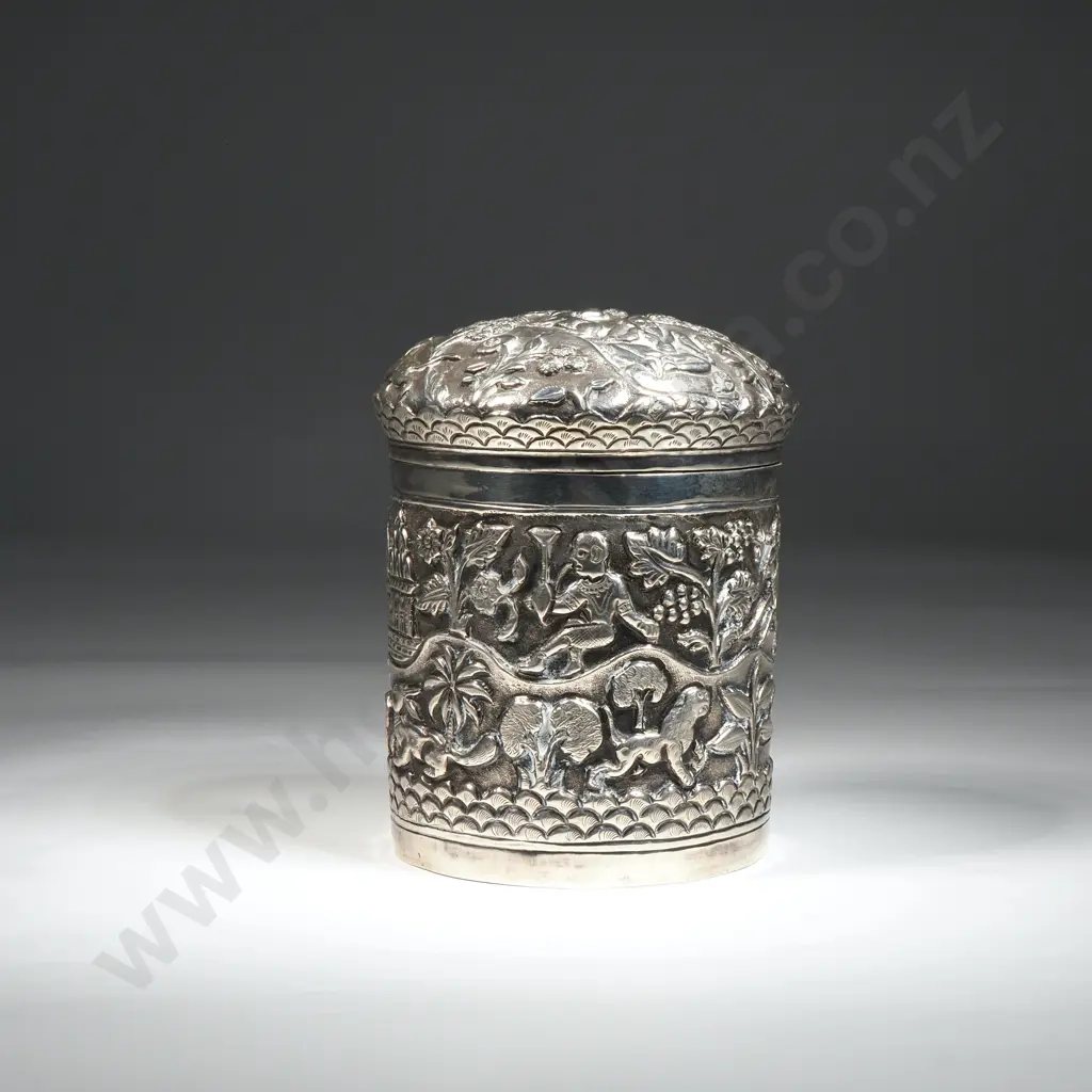 Indian Silver?  Lidded Circular Box Decorated With Animals In A Landscape Image 1++