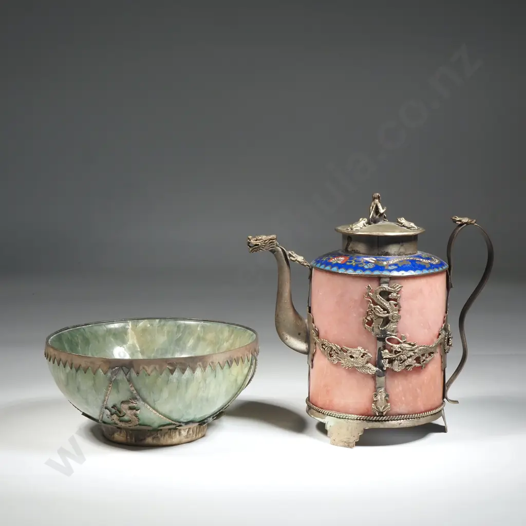Vintage Asian Decorative Green Stone Offering Bowl & Pink Stone/Enamel Asian Teapot w Dragon Motif Metal Trim.. Image 1++