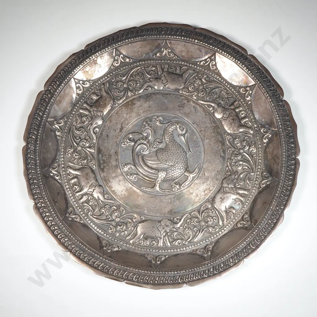 Repousse Indian Silver Tray Depicting A Central Bird Motif Surrounded by Elephants Image 1++