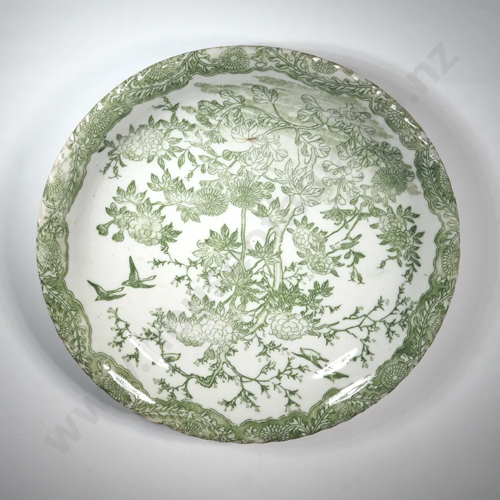 Japanese Arita Ware Plate Featuring A Pale Olive & White Design With A Tree & Bird Motif. Image 1++