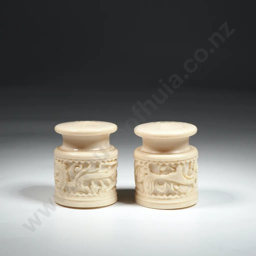 Pair Of Carved Bone Salt & Pepper Shakers. Image 1++