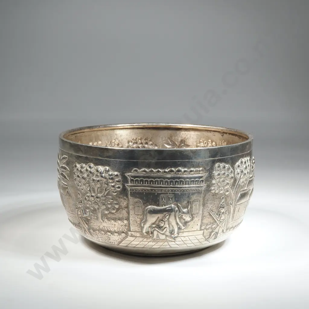 Indian Silver Decorative Bowl w Agricultural Scenes Image 1++