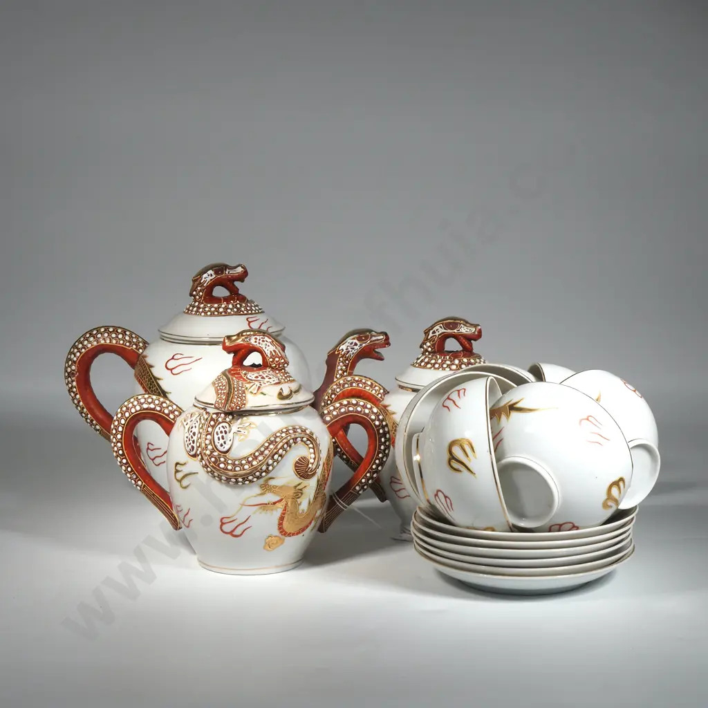 Vintage Kutani Dragon Tea Set With Geisha Girl Lithophanes Comprising Teapot, Sugar & Milk With Six Image 1++