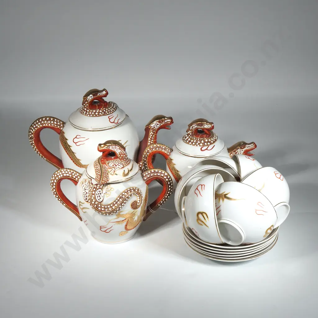 Vintage Kutani Dragon Tea Set With Geisha Girl Lithophanes Comprising Teapot, Sugar & Milk With Six Image 1++