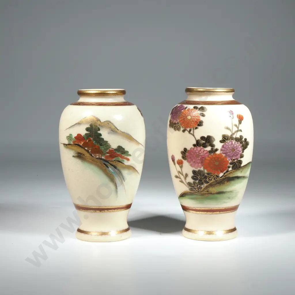 Pair of Satsuma Vases with Cream Ground Decorated With Chrysanthemums.  Image 1++
