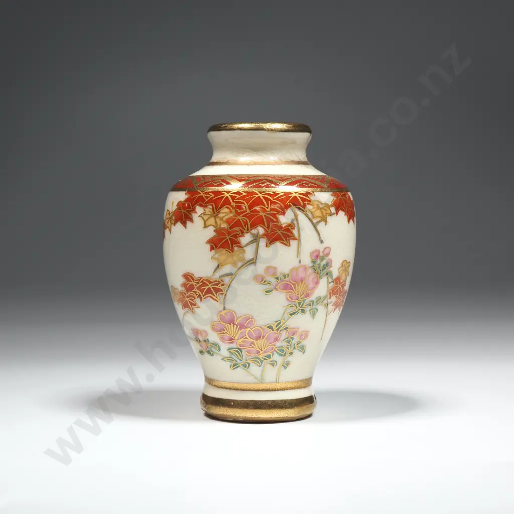 Miniature Satsuma Vase.Cream Ground With Leaves & Floral Decoration  Image 1++