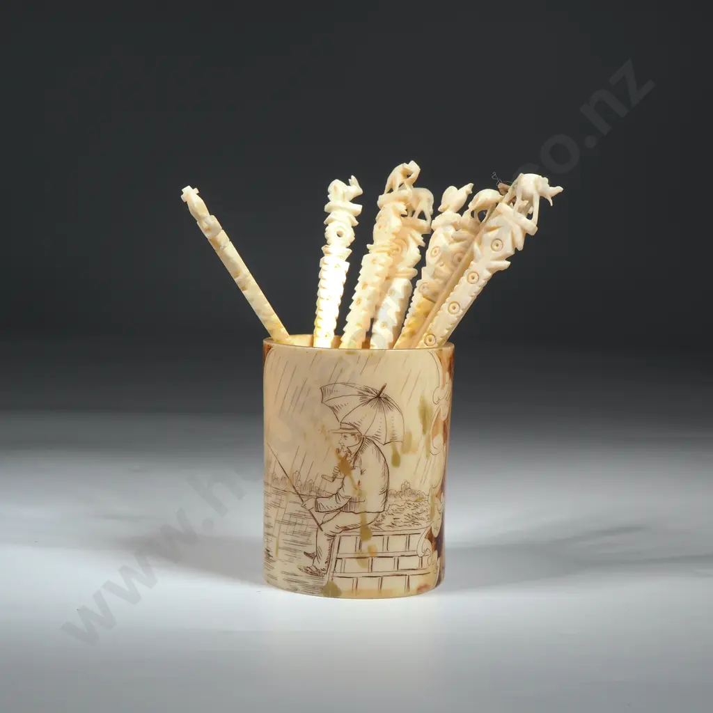 Bone Container With Eight Carved Bone Cocktail Sticks.  Image 1++