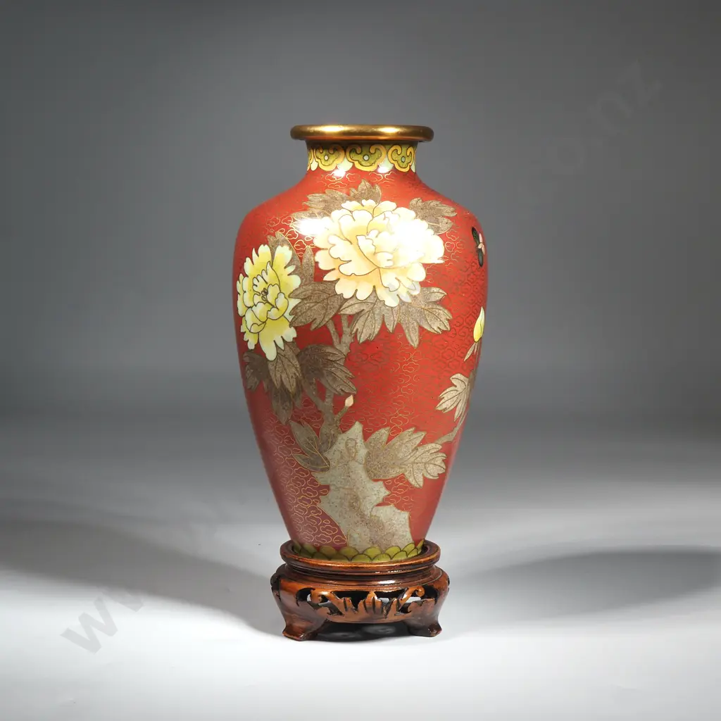 Chinese Cloisonne Vase; Brick Red Ground With Flowering Chrysanthemums. H 165mm  Image 1++
