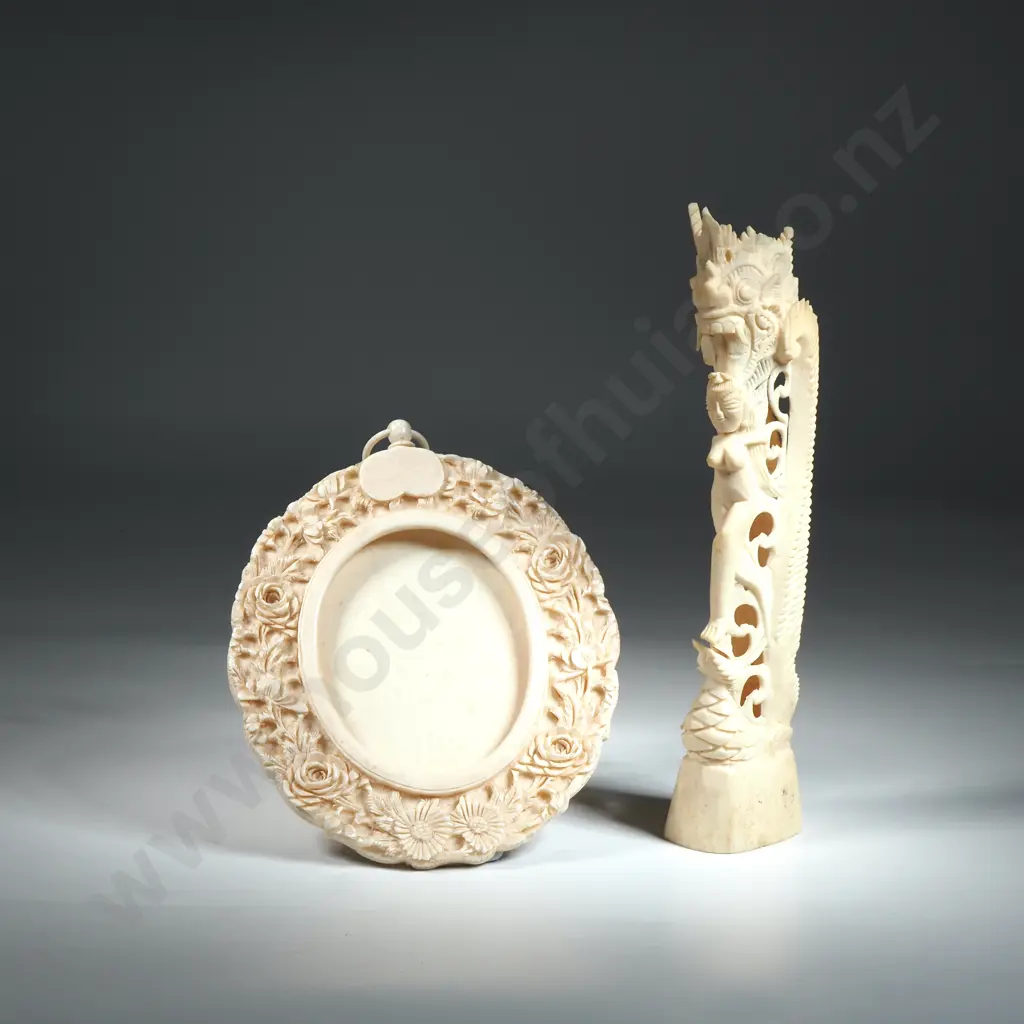 Carved Bone Picture Frame & Asian Figurine. Image 1++