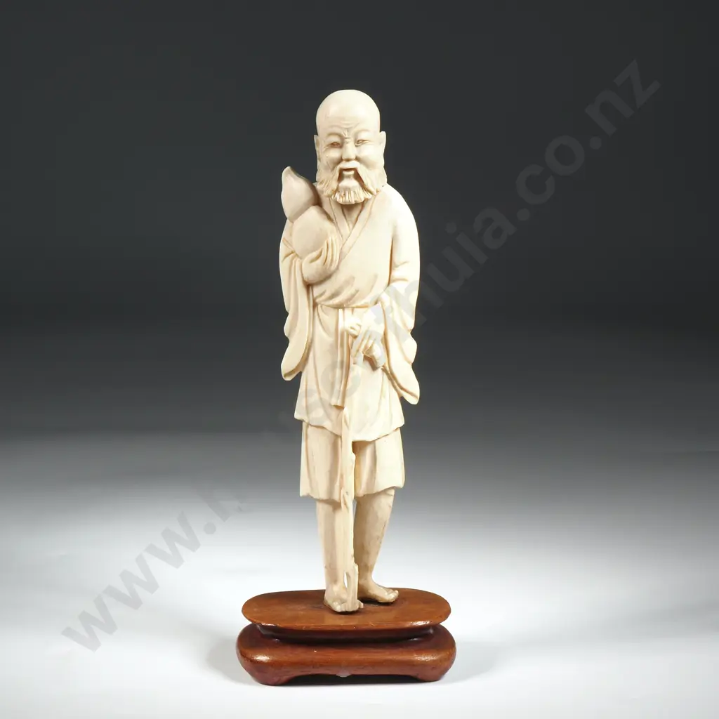 Vintage Bone Figure Of An Old Man with Walking Stick & Double Gourd Vase. Image 1++