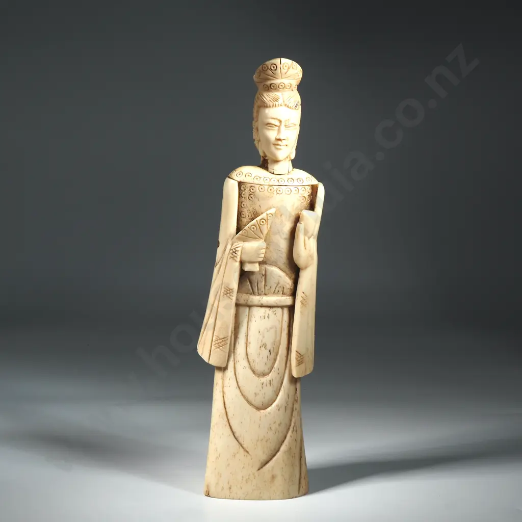 Bone Figure Of An Empress Or Diety Holding A Fan & A Cup Image 1++