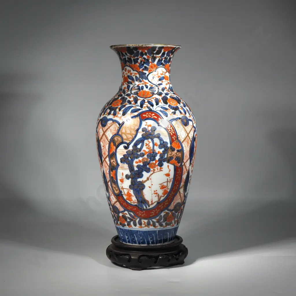A Late19th century  StunningJapanese Imari Porcelain Baluster Vase w Two Shaped Cartouche Featuring Pine Trees, Prunus Image 1++