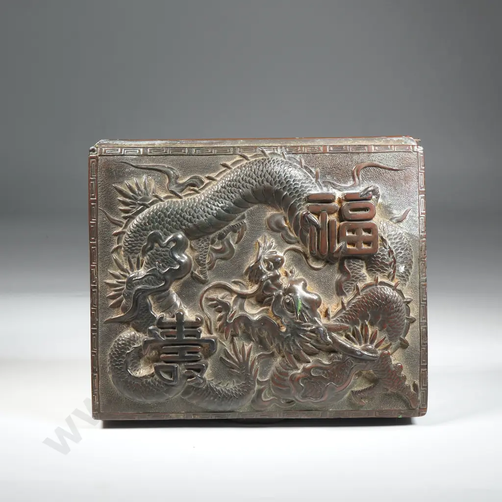 Vintage Bronzed Japanese Cigarette Box With Dragon Lid Image 1++