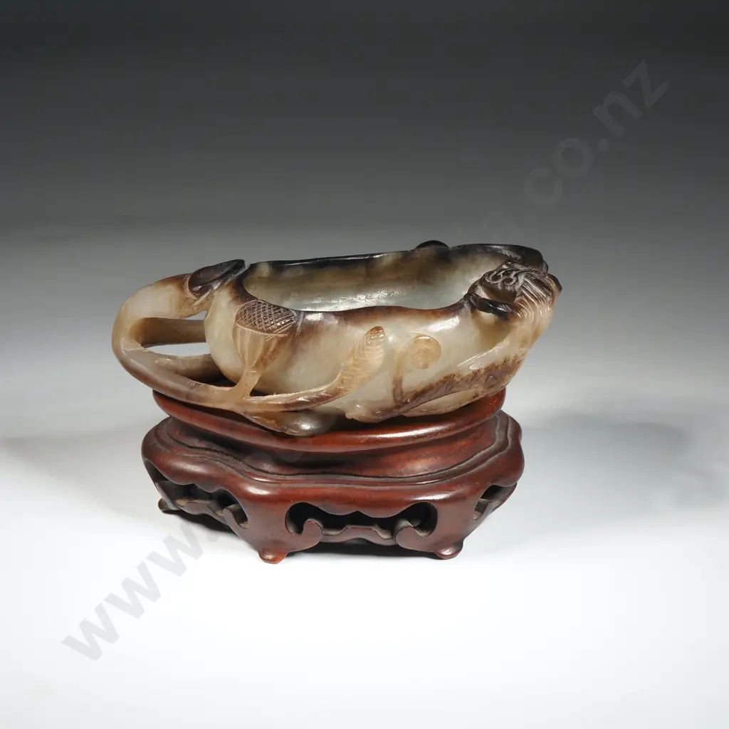 Vintage Carved Jade Brush Washer On Stand With Lotus & Qilin Motif Image 1++