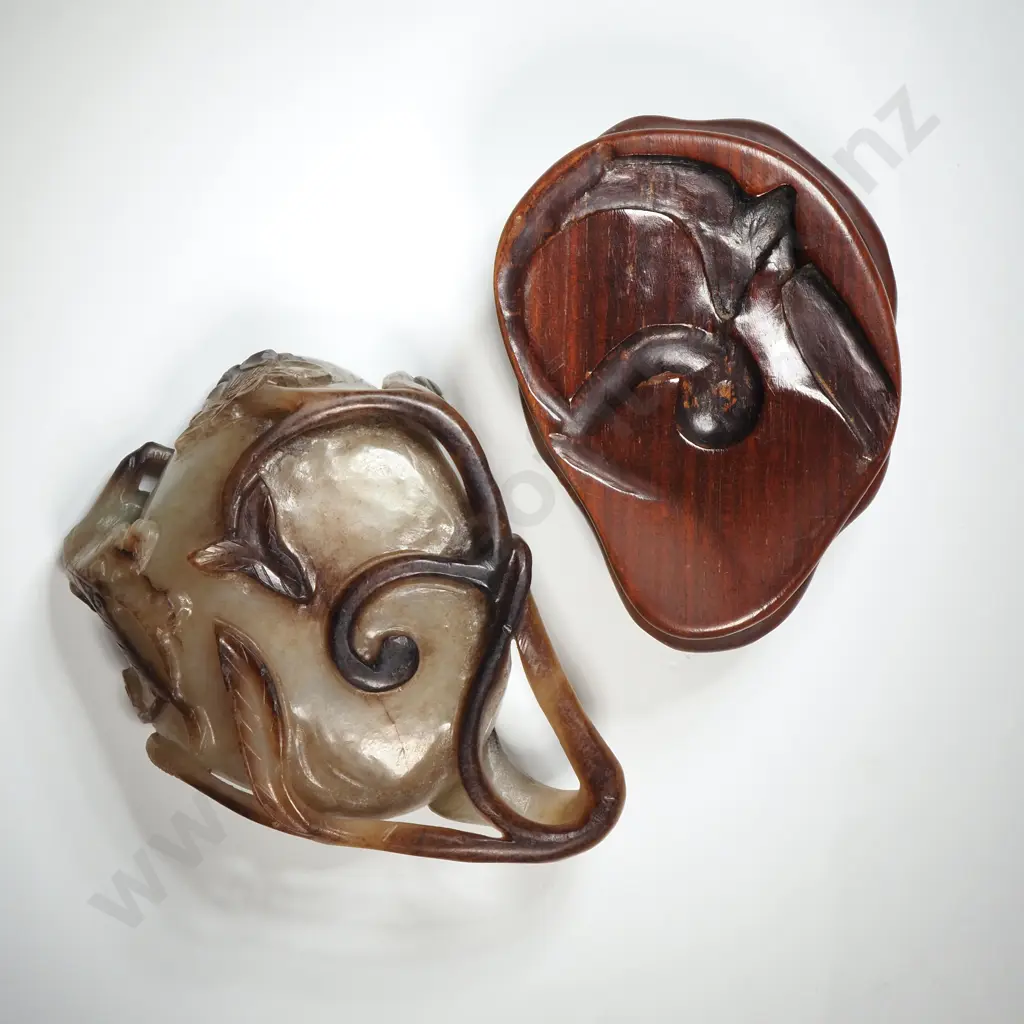 Vintage Carved Jade Brush Washer On Stand With Lotus & Qilin Motif Image 1++