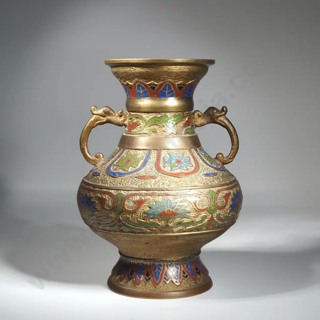 Vintage Japanese Brass & Enamel Champlevé Vase w Elephant Handles. Image 1++