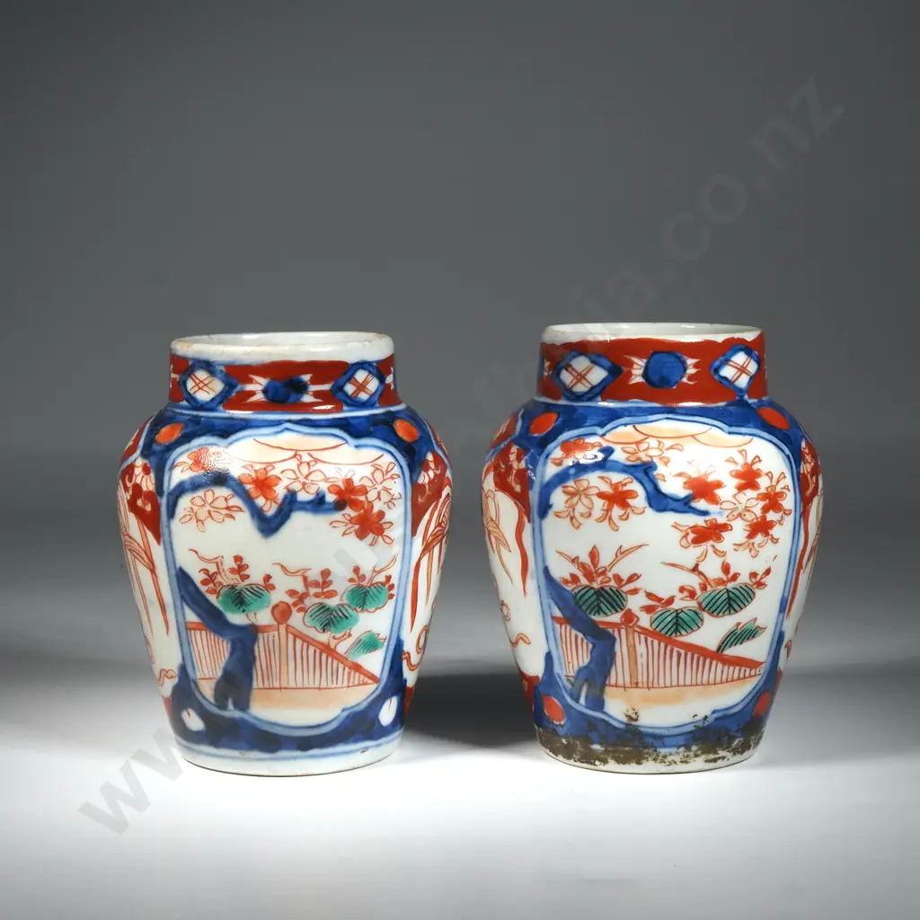 Pair OF Japanese Imari Vase Of Ovoid Form with Panels In Blues & Reds Of A Garden Scene Image 1++