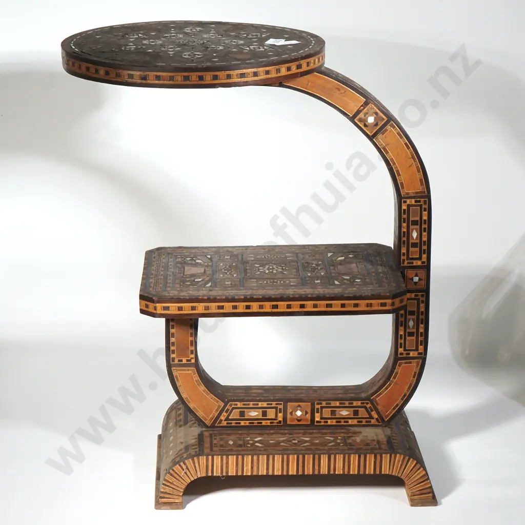 Moroccan Two Tier Hardwood Side Table Featuring Geometric Patterns of Mother Of Pearl, Bone &  A Variety Of Timbers Image 1++