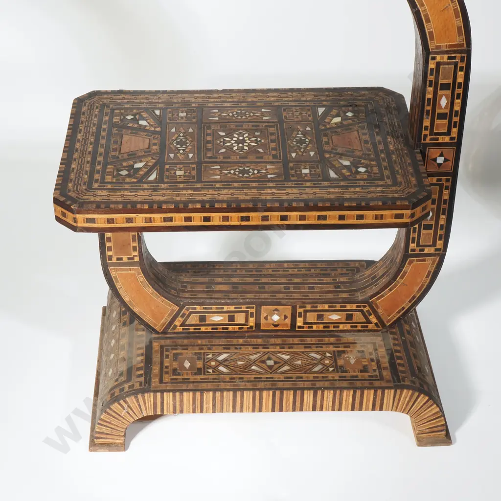 Moroccan Two Tier Hardwood Side Table Featuring Geometric Patterns of Mother Of Pearl, Bone &  A Variety Of Timbers Image 1++