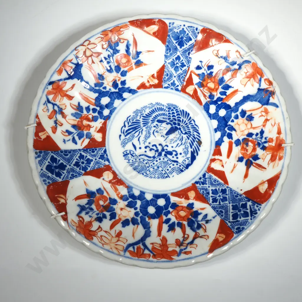 Antique Imari Plate With Pie-Crust Border & Central Panel Depicting A Phoenix Bird Image 1++