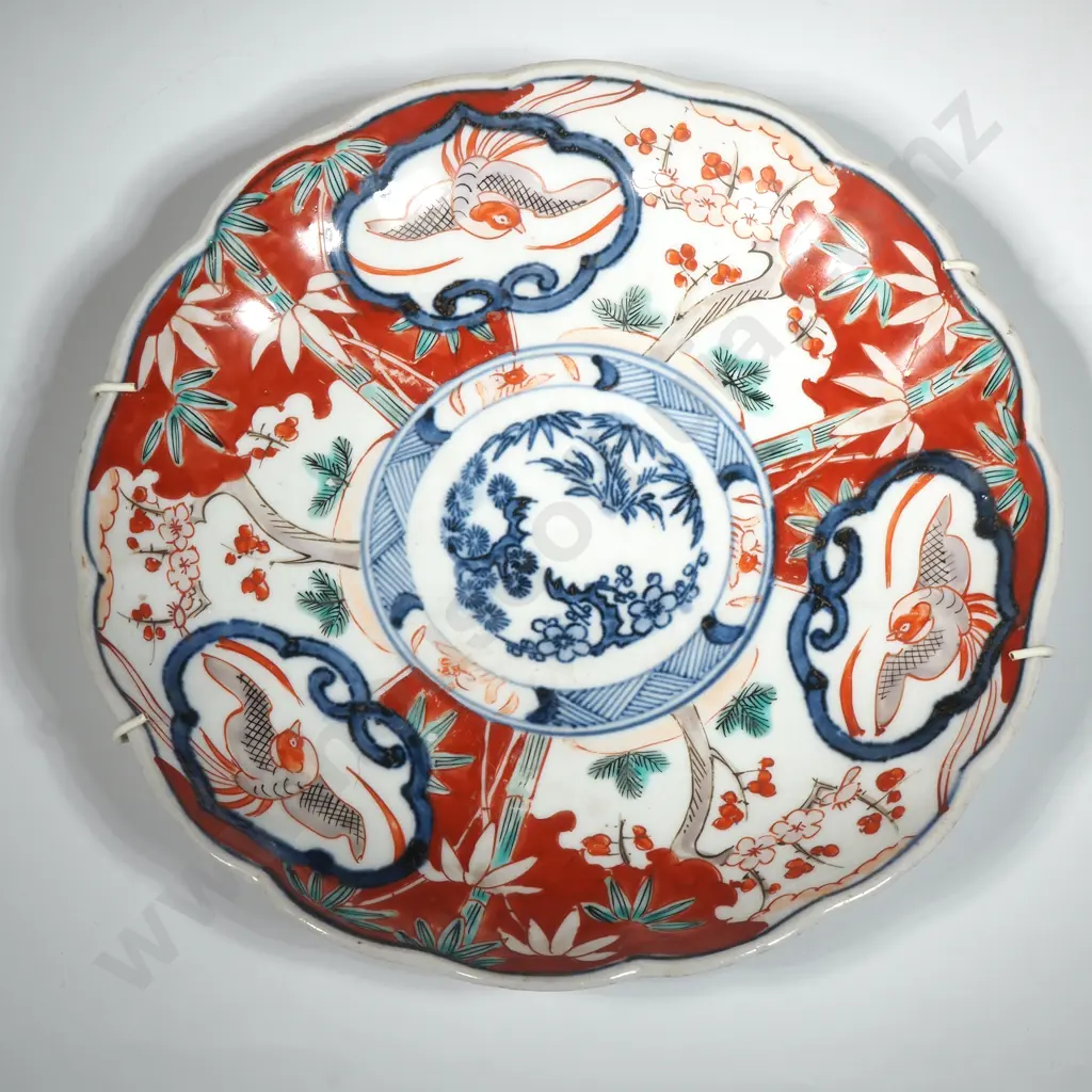 Antique Imari Plate With Scalloped  Border & Central Panel With Blue Decoration & Border Featuring Three Panels W Birds Image 1++