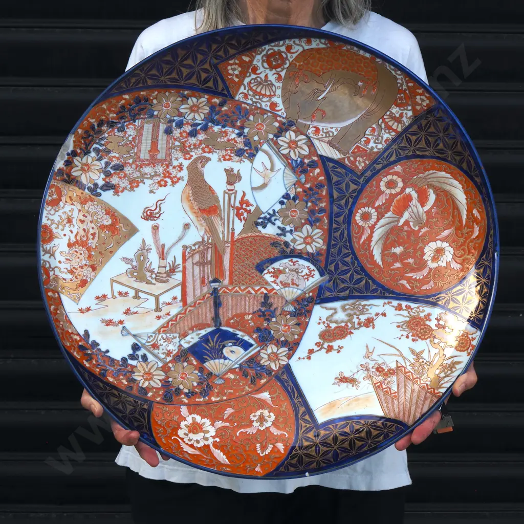 Large Meiji Period Imari Charger Featuring Red,Blue & Green wPaneled Scenes of Birds, Blossoms & Flowers w Gold Accents Image 1++