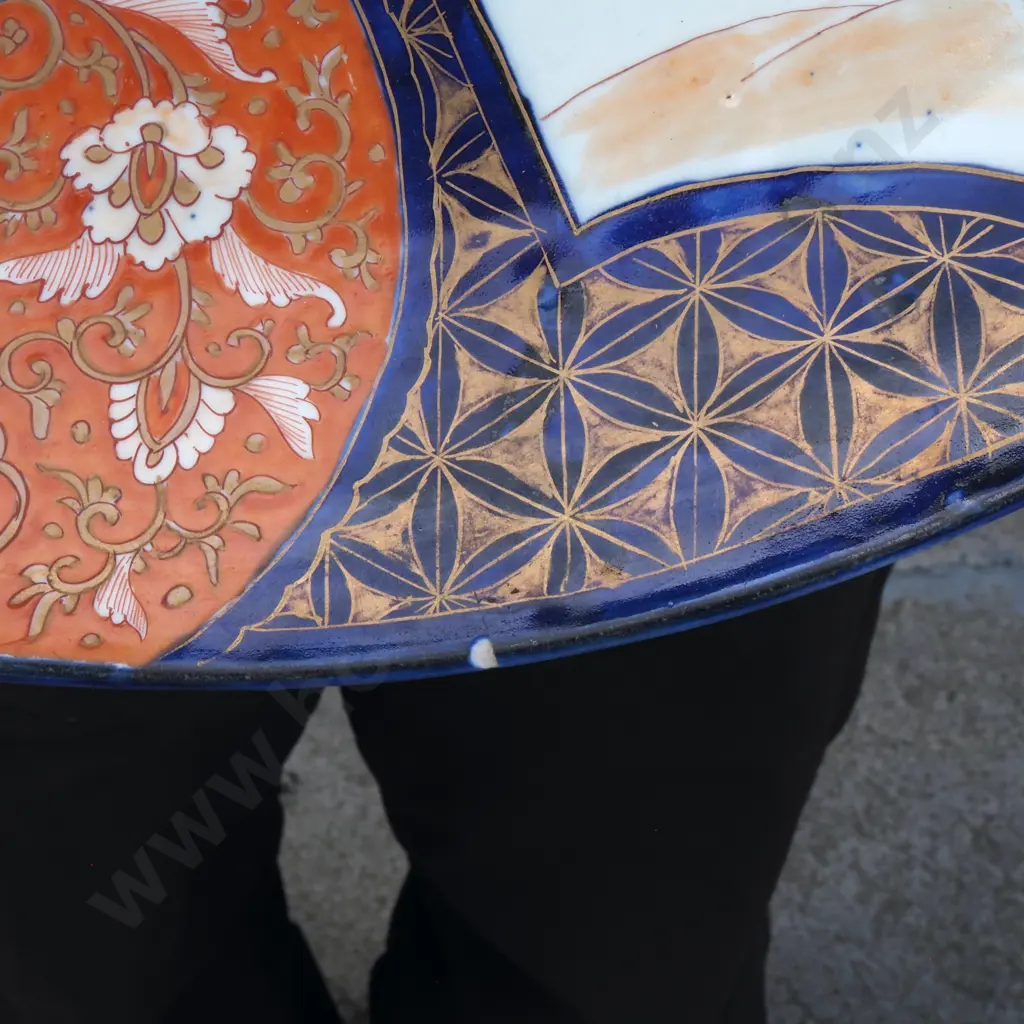 Large Meiji Period Imari Charger Featuring Red,Blue & Green wPaneled Scenes of Birds, Blossoms & Flowers w Gold Accents Image 1++