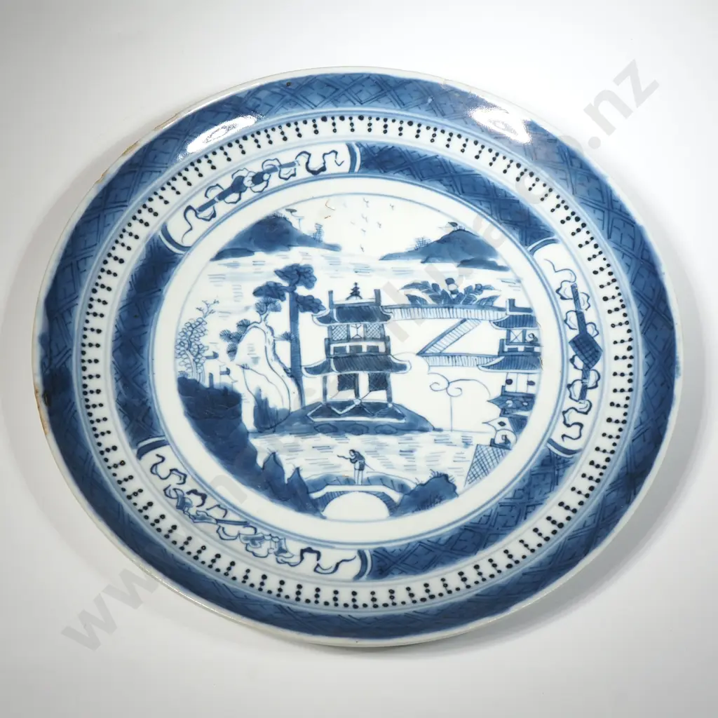 Antique Chinese Export Canton Blue & White Porcelain Plate with Pagoda Image 1++