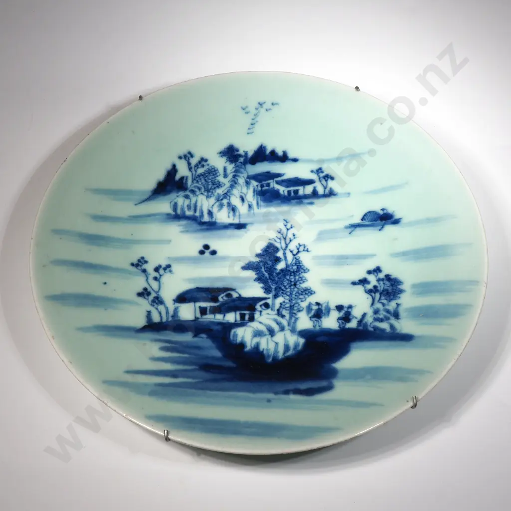 Chinese19th century Celadon Ground Plaque with Underglaze Blue Decoration Depicting A Landscape Scene with Houses Image 1++