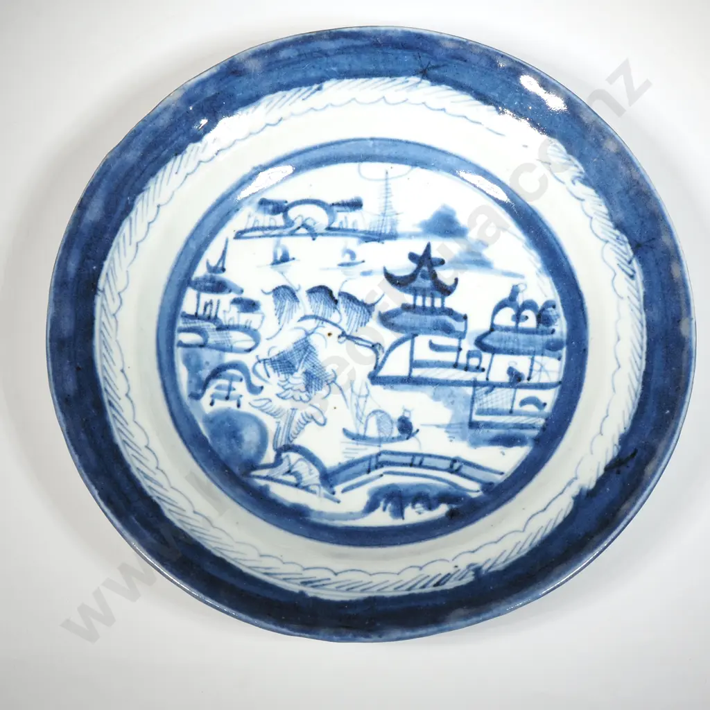 Chinese Blue & White Canton Porcelain Plate with Landscape Scene  Image 1++