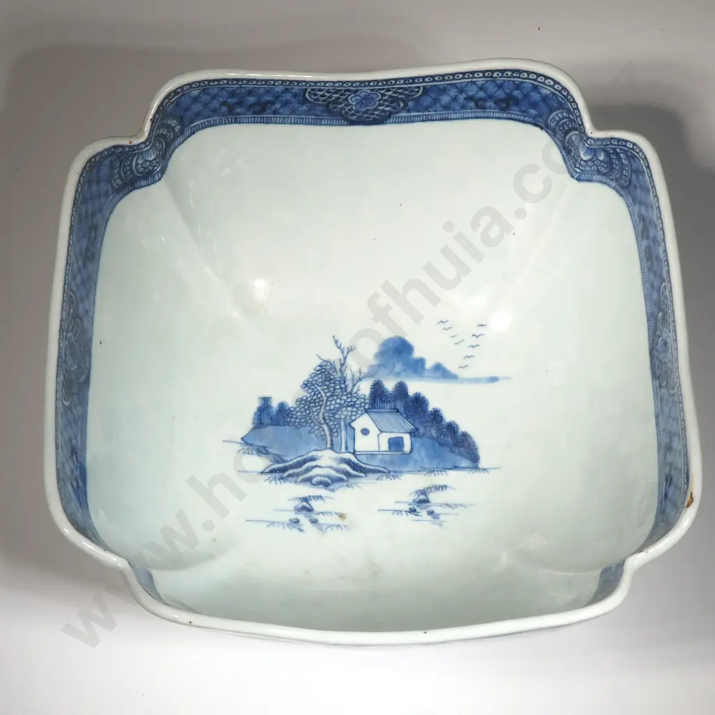 Chinese Export Blue & White Bowl. Exterior of Bowl has Landscape Scenes Featuring Pagodas, Trees & River. Image 1++