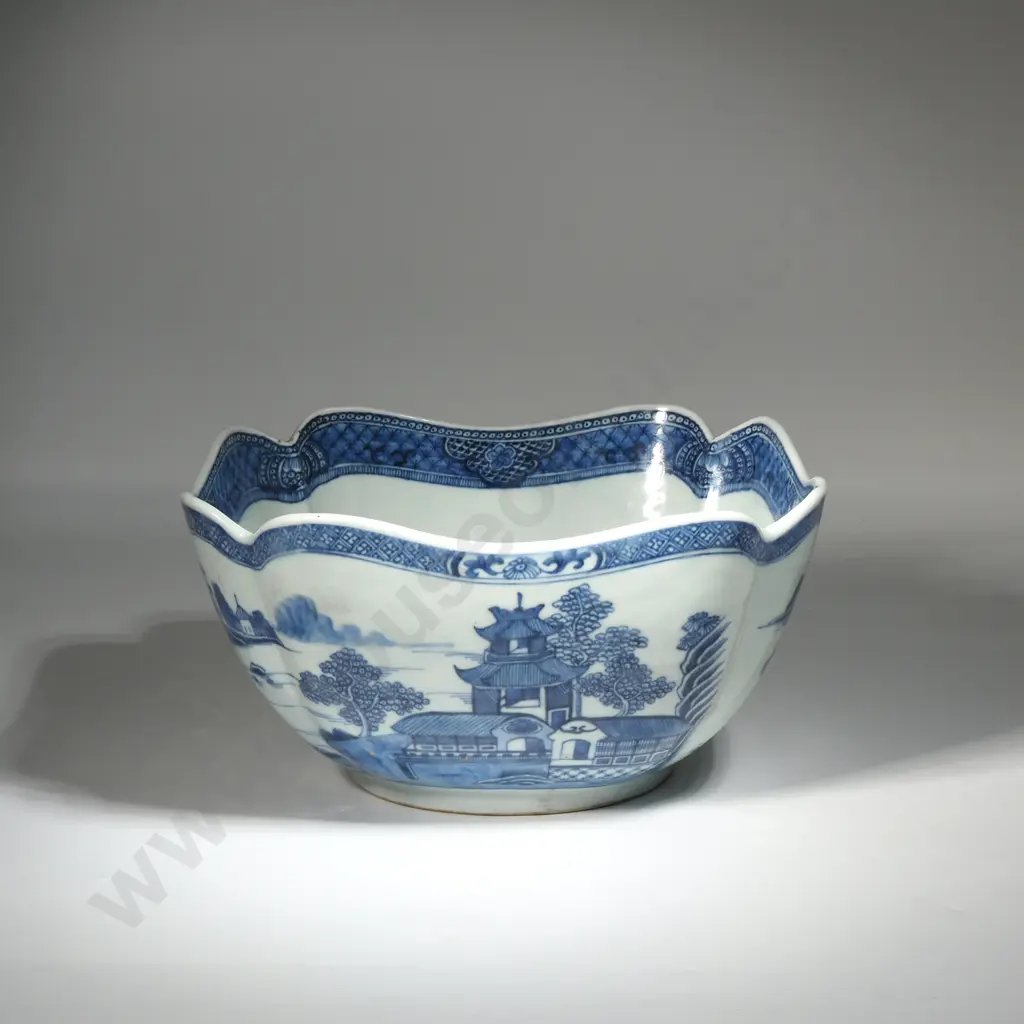 Chinese Export Blue & White Bowl. Exterior of Bowl has Landscape Scenes Featuring Pagodas, Trees & River. Image 1++