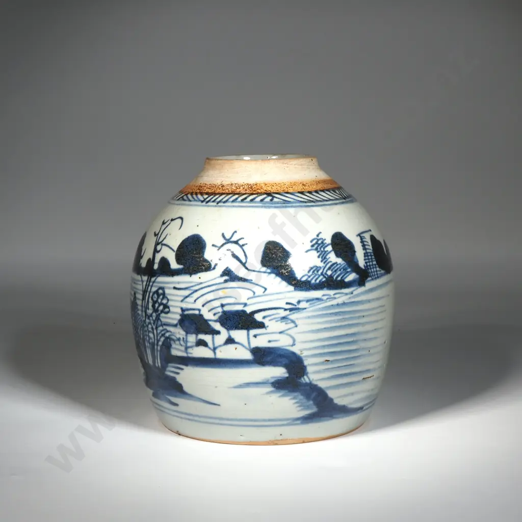 Antique Chinese Porcelain Blue & White Ginger Jar (Minus Lid) with Coastal Scene  Image 1++