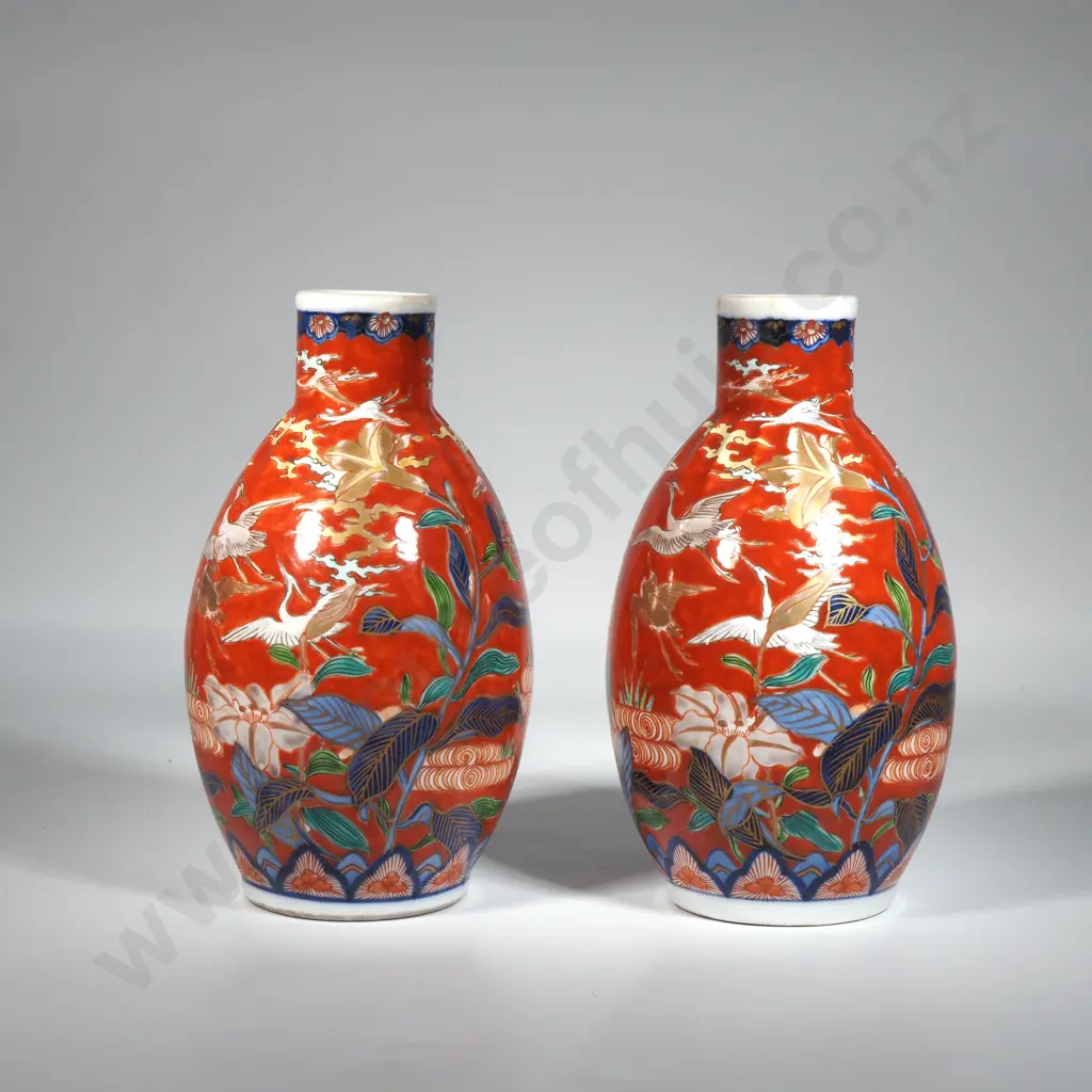 Pair Of Antique Japanese Imari Fukagawa Koransha Porcelain Bottle Vases. Decorated With Cranes, Clouds, Flowers & Water Image 1++