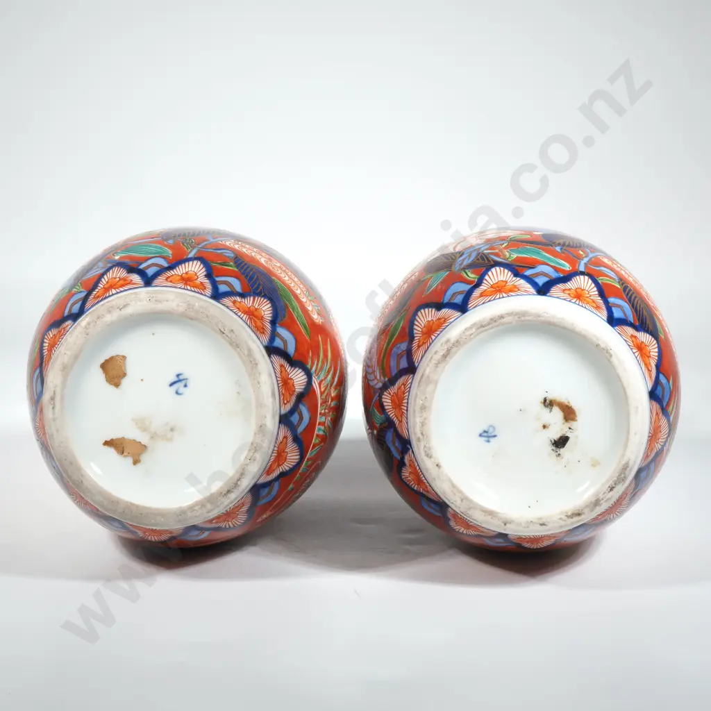 Pair Of Antique Japanese Imari Fukagawa Koransha Porcelain Bottle Vases. Decorated With Cranes, Clouds, Flowers & Water Image 1++