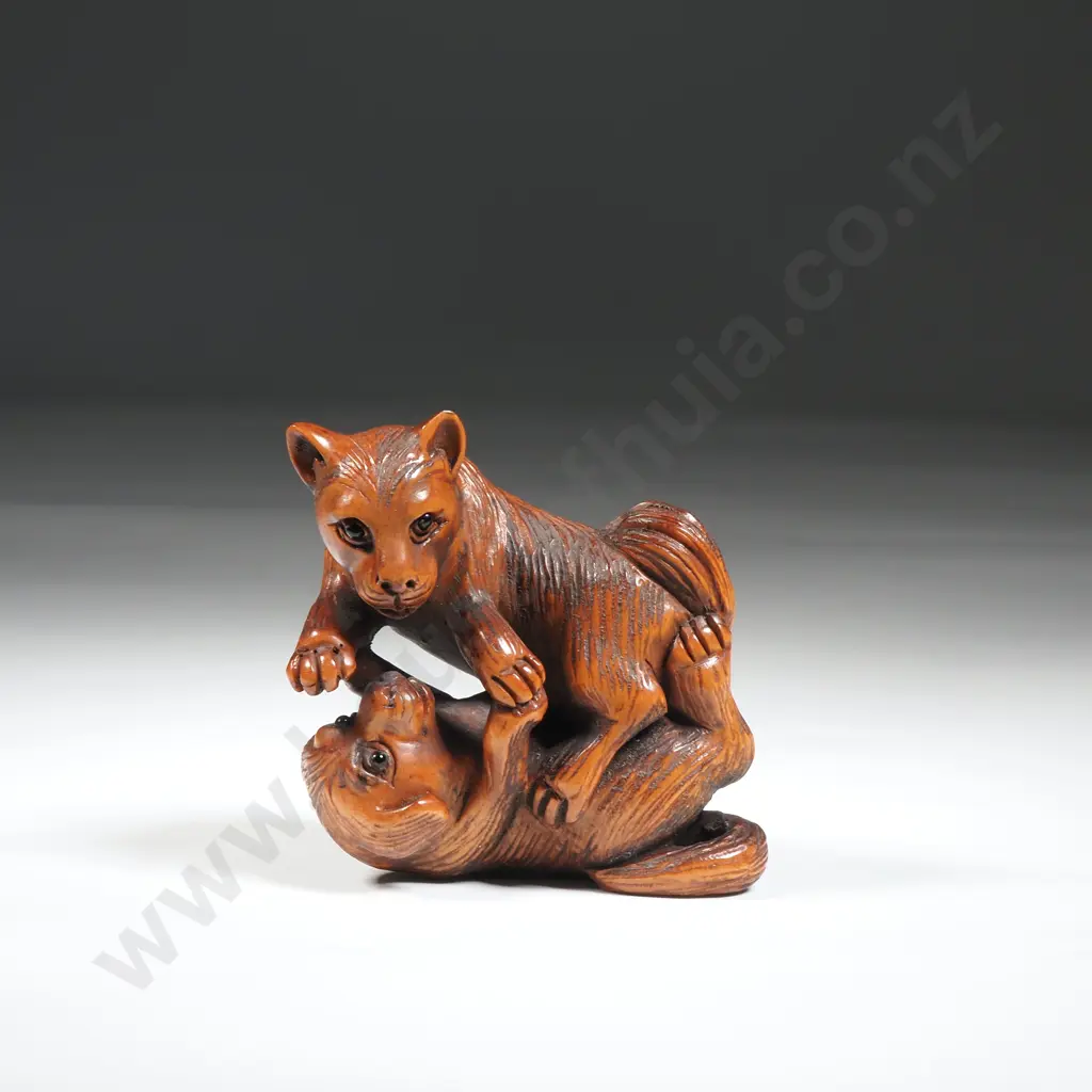 Wooden Netsuke Of Two Dogs Playing  Image 1++