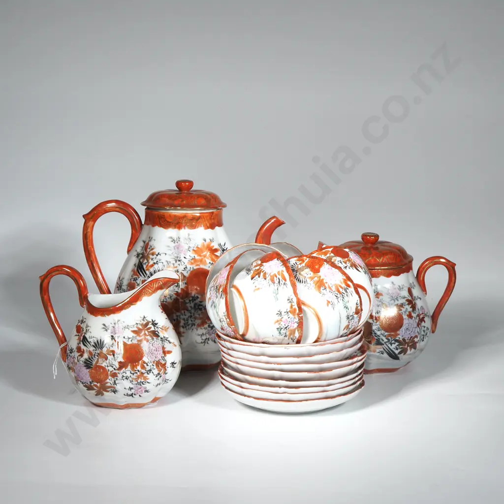 Kutani Shoza StylePorcelain Hand Painted Tea Set to Include Teapot, Sugar Bowl & Cream Jug, Seven Cups & Eight Saucers Image 1++
