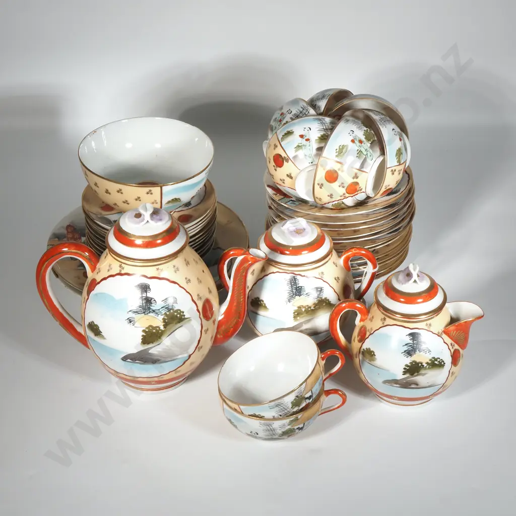 Kutani Egg Shell Tea Set Including 8 Cups, 11 Saucers, 12 side Plates, 2 Cake Plate,Teapot,Sugar Bowl, Water Jug & Bowl Image 1++