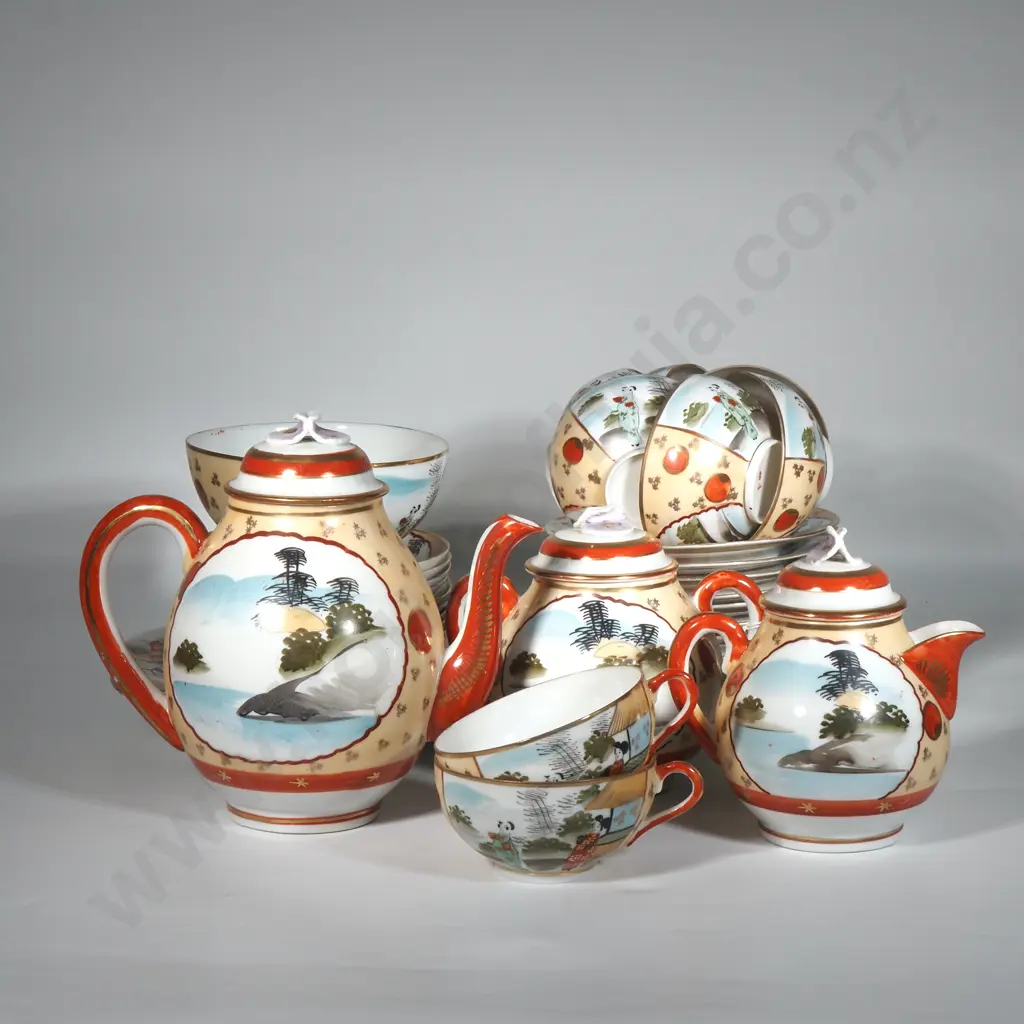 Kutani Egg Shell Tea Set Including 8 Cups, 11 Saucers, 12 side Plates, 2 Cake Plate,Teapot,Sugar Bowl, Water Jug & Bowl Image 1++