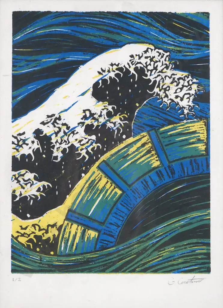 Japanese Woodblock Print Depicting A Large Wave And A Structure Resembling A Bridge. Signed & Numbered 1/2 Image 1++
