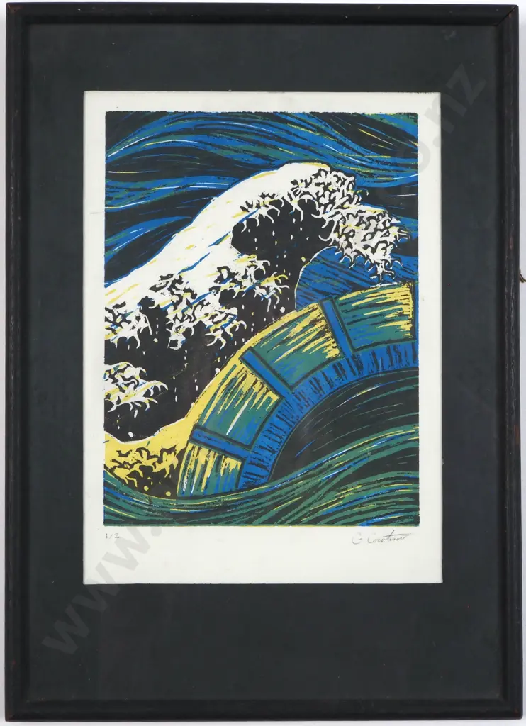 Japanese Woodblock Print Depicting A Large Wave And A Structure Resembling A Bridge. Signed & Numbered 1/2 Image 1++